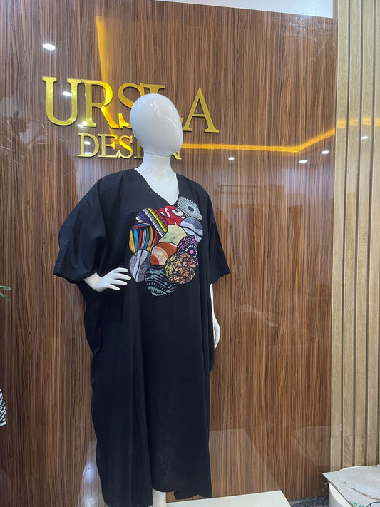 Zuri Linen V-Neck Kaftan/Bubu Gown with Ankara Patchwork – Deep Back Detail