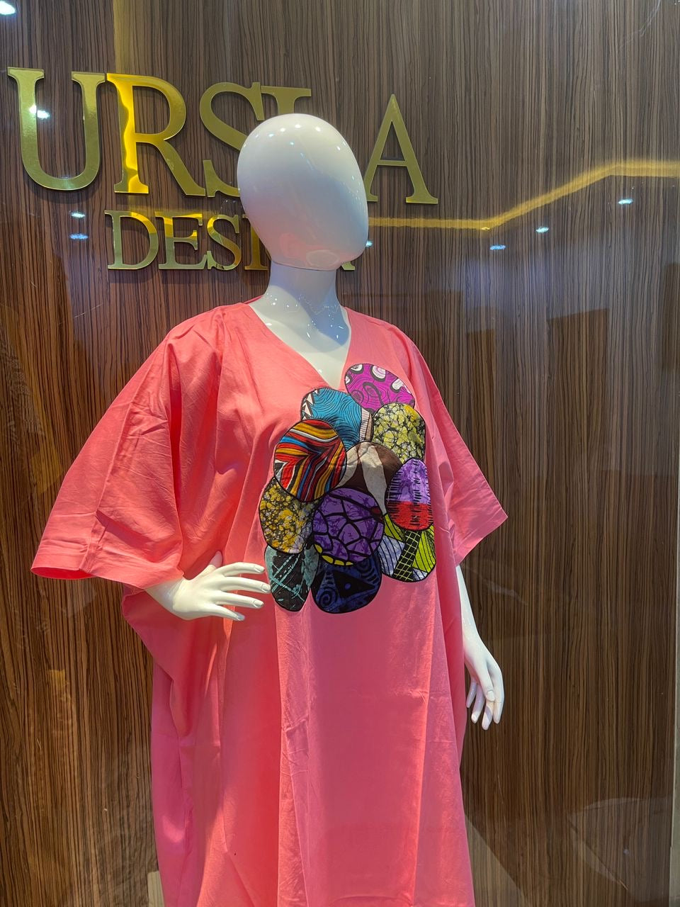 Zuri Linen V-Neck Kaftan/Bubu Gown with Ankara Patchwork – Deep Back Detail