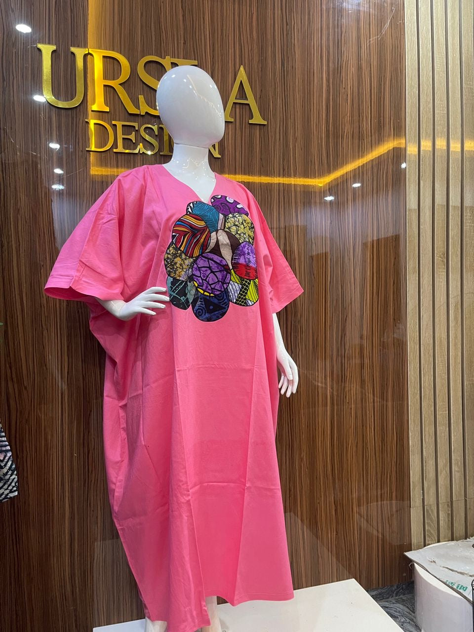 Zuri Linen V-Neck Kaftan/Bubu Gown with Ankara Patchwork – Deep Back Detail