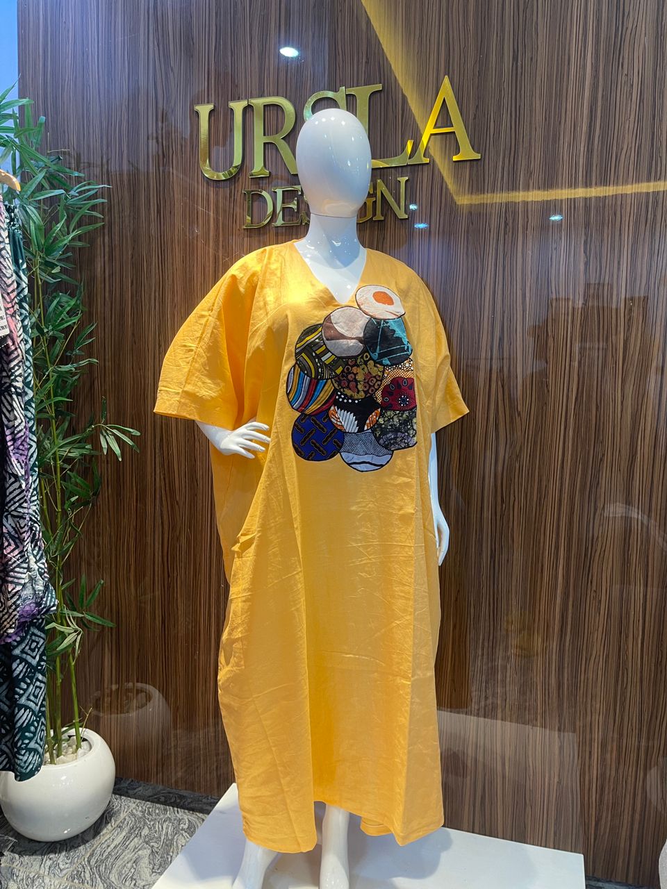 Zuri Linen V-Neck Kaftan/Bubu Gown with Ankara Patchwork – Deep Back Detail